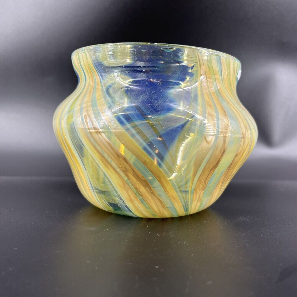 Vintage Sarah Cooper Art Glass Iridescent Swirl 4" Vase Signed 1976 Blue Gold